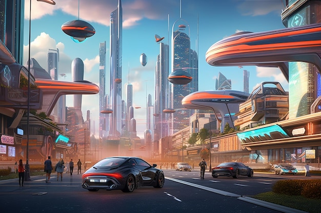 Une ville futuriste avec une voiture qui la traverse