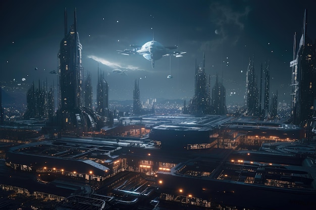 Ville galactique avec vue sur le starport animé et les étoiles sans fin au-delà créées avec une IA générative