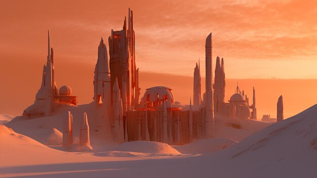 Une ville gelée dans le désert avec un coucher de soleil en arrière-plan