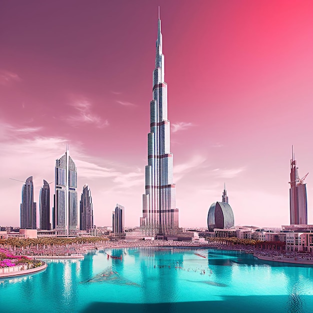 Une ville avec un grand burj khalifa et un ciel rose.