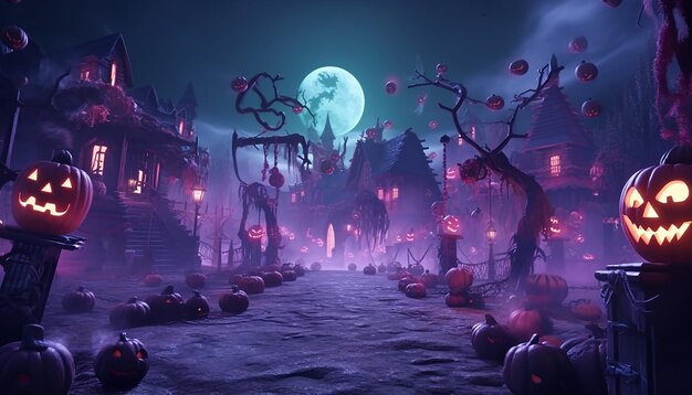 Ville d'Halloween dans les lumières du festival avec beaucoup de fantômes effrayants et effrayants
