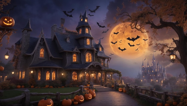 La ville d'Halloween avec des joints et des chauves-souris dans le style des dessins animés générés par l'IA