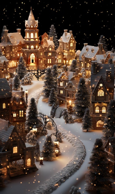 Une ville d'hiver avec des arbres et des maisons de Noël