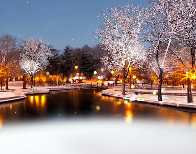 Ville d'hiver, parc du soir, bâtiments lumière floue, arbres couverts de neige, fond de Noël