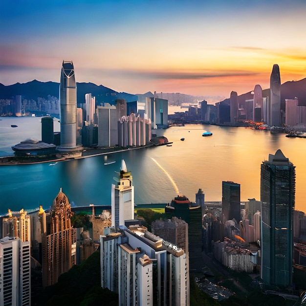 Ville de Hong Kong sur un ciel spectaculaire au coucher du soleil depuis la montagne