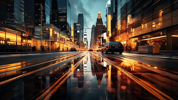 Photo la ville de l'horizon de la ville de new york le coucher de soleil l'aurore traces de lumière sur les véhicules papier peint de nuit urbaine