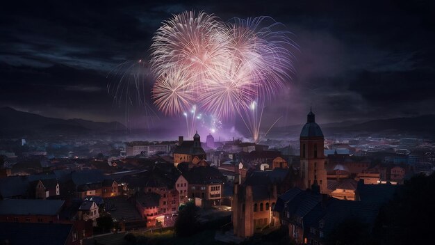 Une ville illuminée par des feux d'artifice