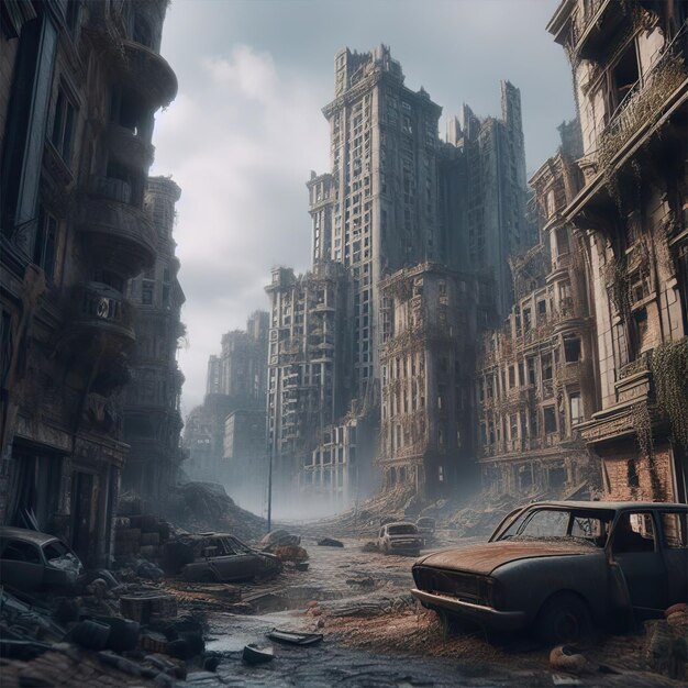 Photo une ville imaginaire détruite, des bâtiments en ruine, des voitures abandonnées, un concept d'armageddon.