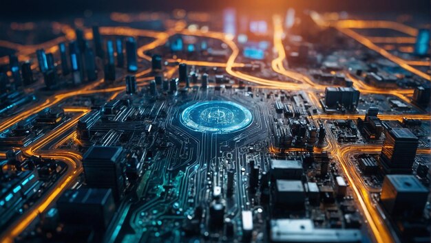 La ville intelligente sur le fond de la carte de circuit imprimé cybernétique futuriste