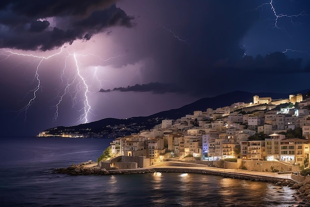 La ville de Kavala, en Grèce, pendant une nuit de tempête époustouflante