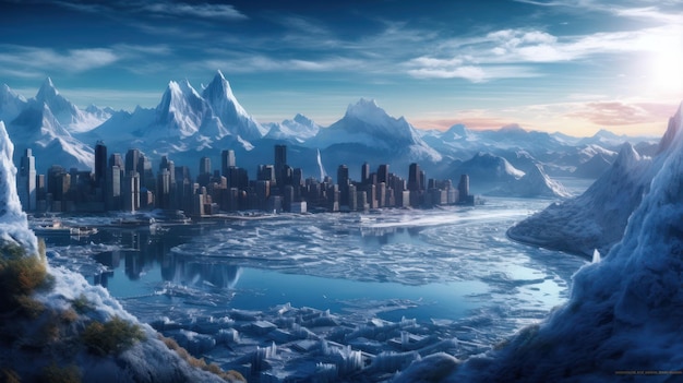 Photo une ville sur un lac avec de la glace et un ciel bleu