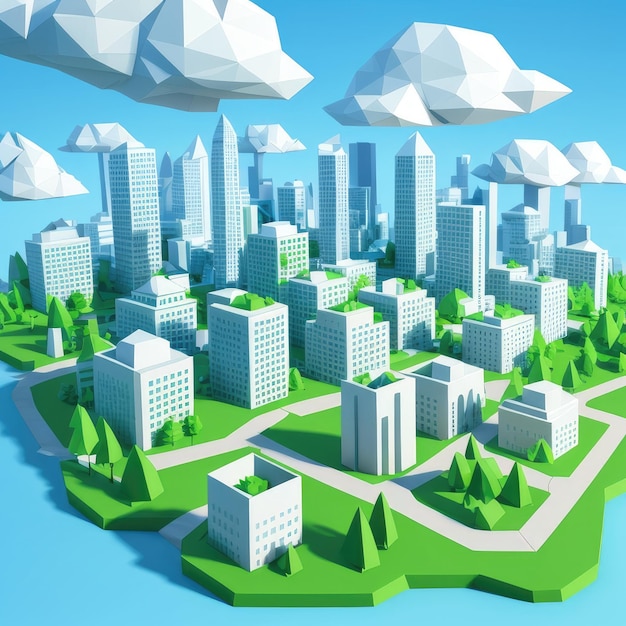 Une ville low poly avec une ville verte au milieu.