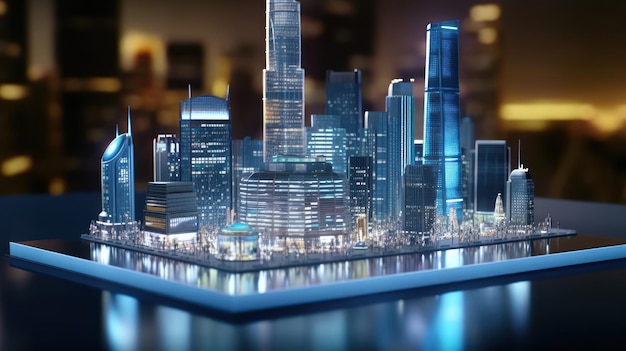 Une ville avec une lumière bleue qui dit 'smart city'