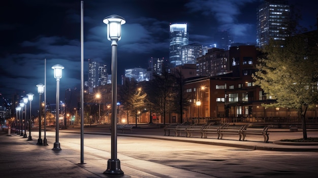 Photo ville des lumières un poteau d'éclairage led moderne éclaire le paysage nocturne urbain en mélangeant les technologies d'éco-énergie avec la ville vibrante