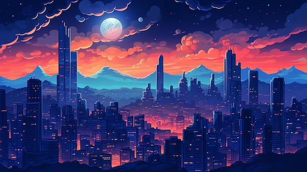 Une ville avec une lune et des montagnes en arrière-plan