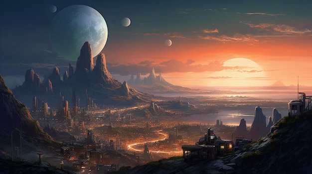 Une ville avec une lune et des planètes