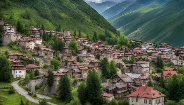 une ville avec des maisons et des montagnes en arrière-plan