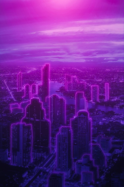 Photo ville métaverse et concept cyberpunkcyberpunk night viewpaysage urbain allumé avec des néons lumineux et lumineux