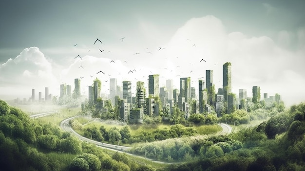 Une ville moderne avec de la végétation AI générative