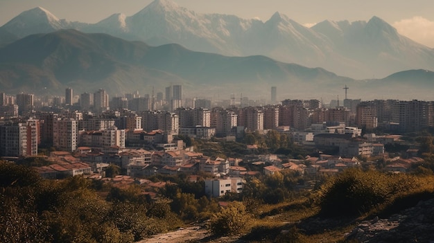 Une ville avec des montagnes en arrière-plan