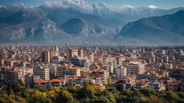 Une ville avec des montagnes en arrière-plan