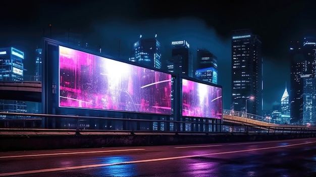 Ville néon futuriste avec panneau d'affichage dans la rue Generative AI