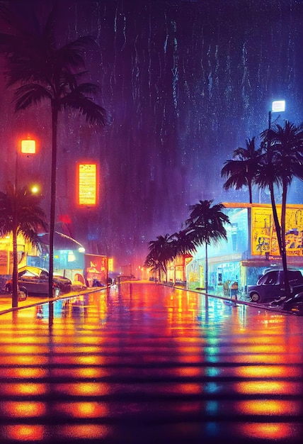 Une ville néon futuriste Une rue de ville pluvieuse avec des palmiers