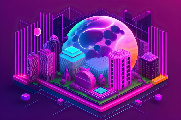 Une ville néon synthwave isométrique avec une grande planète au milieu