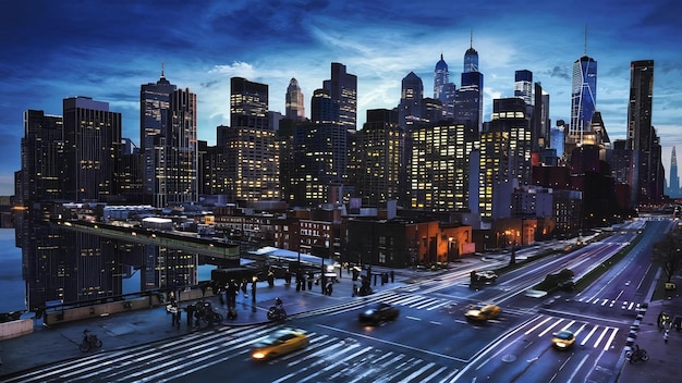 La ville de New York, le centre-ville de Manhattan au crépuscule.