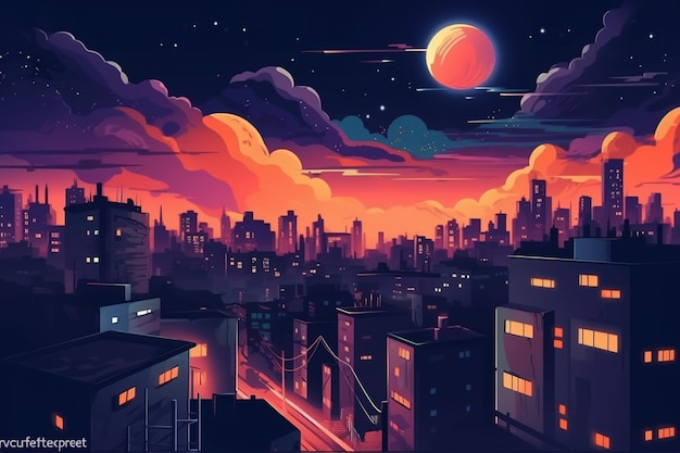 Une ville nocturne avec une lune et un paysage urbain.