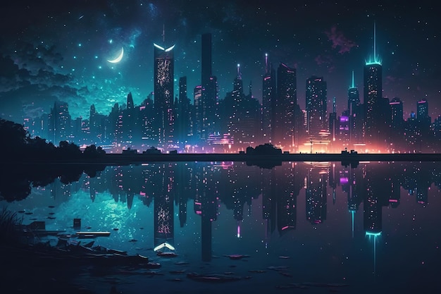 Une ville nocturne moderne au bord de la rivière qui brille de néons colorés sous le ciel de minuitIA générative