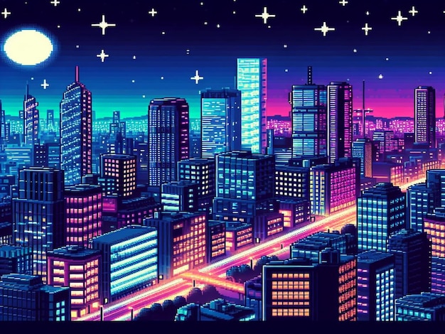 Ville de nuit au néon pixel art avec des bâtiments panorama en arrière-plan