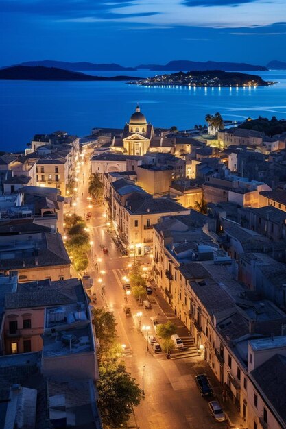 Photo une ville la nuit avec la baie en arrière-plan