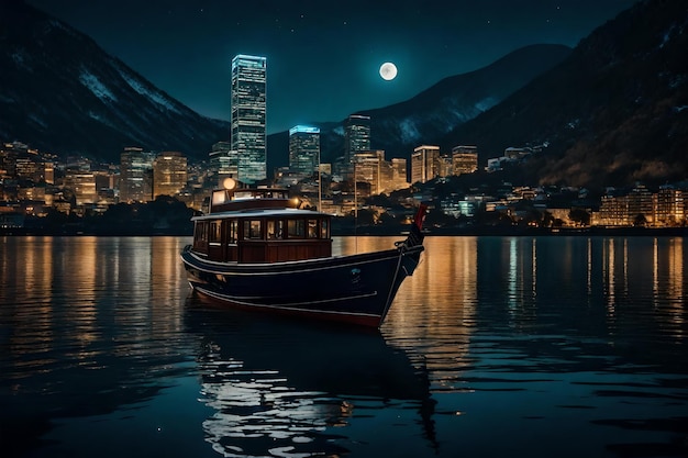 Photo une ville la nuit avec un bateau et une montagne en arrière-plan