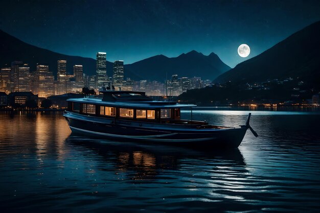 Photo une ville la nuit avec un bateau et une montagne en arrière-plan