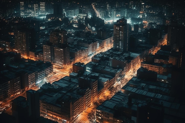 Une ville la nuit avec beaucoup de bâtiments et de lumières