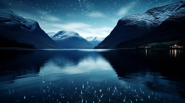 une ville la nuit avec un ciel étoilé et des montagnes couvertes de neige en arrière-plan.