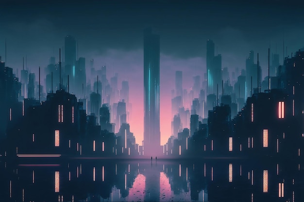 Ville de nuit Concept de paysage Cyber punk Lumière rougeoyante sur scène sombre Vie nocturne AI générative