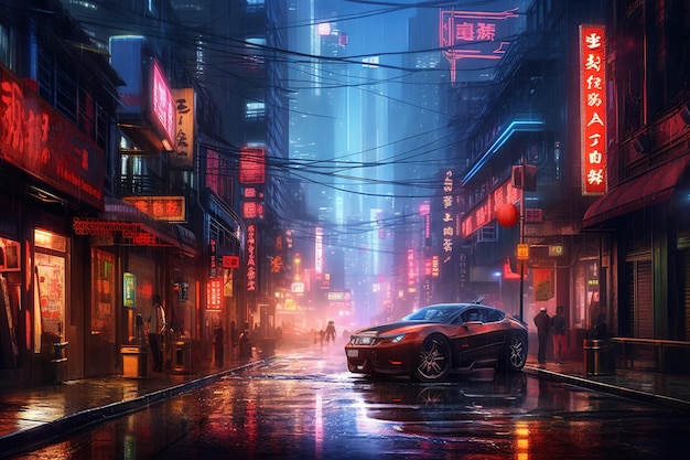 Ville de nuit cyberpunk Ville cyberpunk futuriste dystopique la nuit dans une brume de néon AI générative