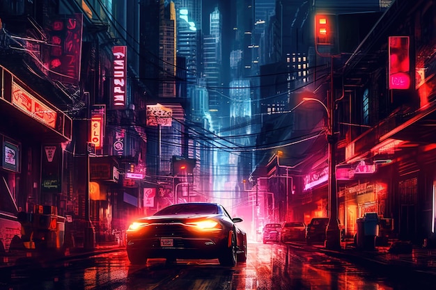 Ville de nuit cyberpunk Ville cyberpunk futuriste dystopique la nuit dans une brume de néon AI générative