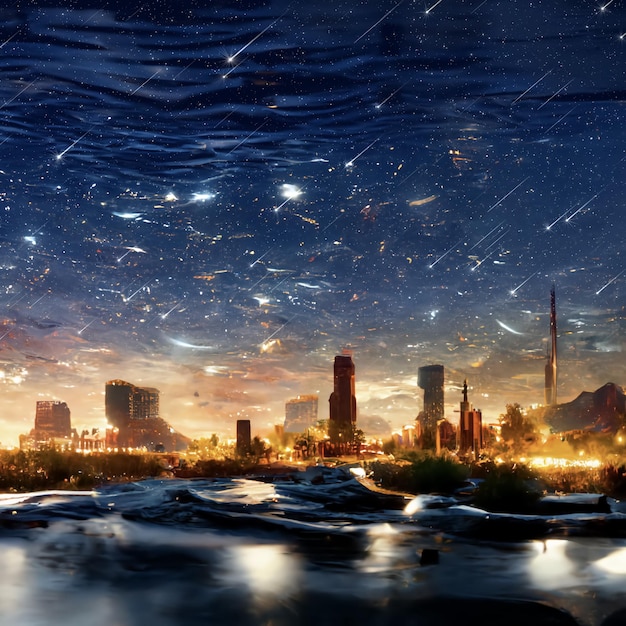 ville de nuit futuriste lumière floue sous un ciel bleu étoilé dramatique chute d'étoiles sur une nébuleuse cosmique