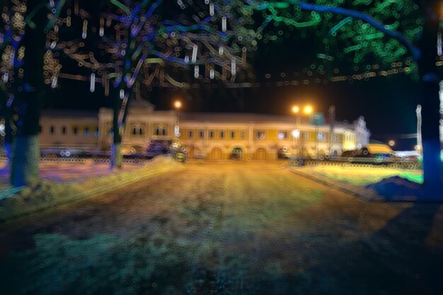 ville de nuit hiver / paysage en janvier lumières de la ville décorées pour les vacances, arbres dans un parc de la ville, paysage d'hiver