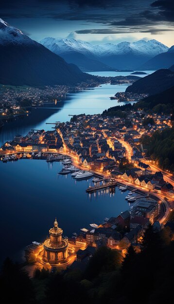 Photo une ville la nuit avec un lac en arrière-plan