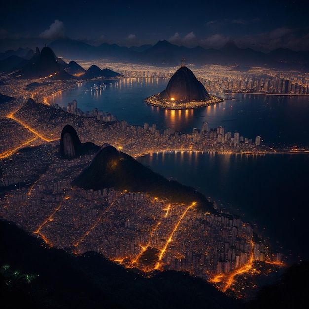 Une ville la nuit avec les lumières de la ville au sommet.