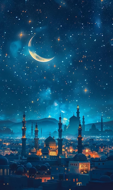 Une ville la nuit avec la lune et les étoiles Ramadan