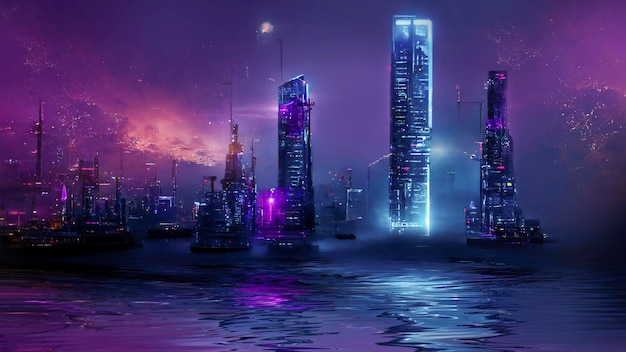 Ville de nuit néons de la métropole Reflet des néons dans l'eau Ville moderne avec des immeubles de grande hauteur Ville de scène de rue de nuit sur l'océan Illustration 3D