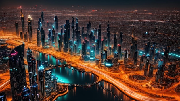 Une ville la nuit avec un paysage urbain éclairé