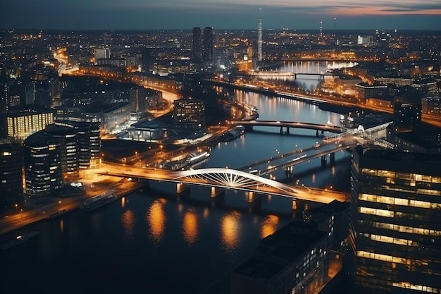 une ville la nuit avec un pont en arrière-plan