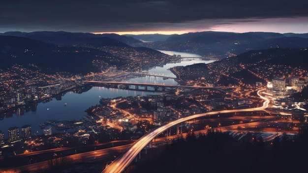 une ville la nuit avec un pont en arrière-plan