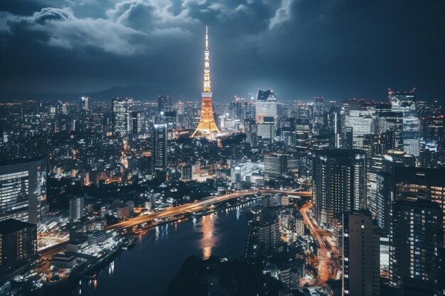 Photo une ville la nuit avec une rivière et un pont en arrière-plan